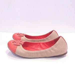 Tory Burch womens shoes Orange and Linen Ballet Flats shoes emblem size 8